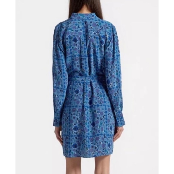 EQUIPMENT • Femme Rosalee Blue Floral Printed Long Sleeve Silk Mini Dress - Picture 2 of 16